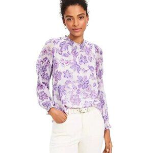 Loft Floral Blouse Size Small Petite Long Sleeve Purple White Smocked Neck Boho